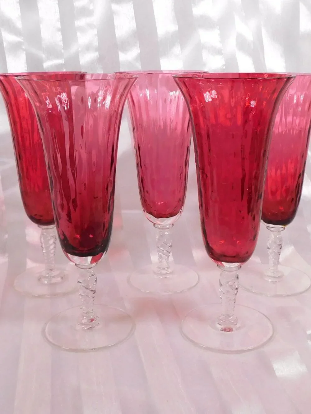 Lot of Five Pink Ribbed Stemware Glasses with Clear Bases # 26621
